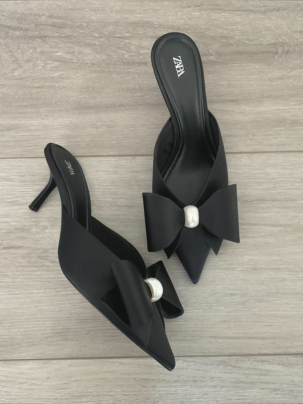 ZARA Faux Pearl Bow Heeled Mules in Black Size EU 39